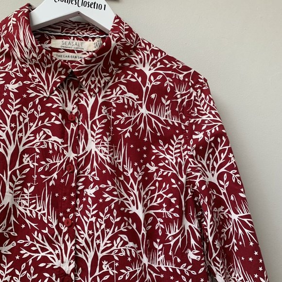 Seasalt Larissa Shirt Size UK 10 Red Long Sleeves Cotton Tree Woodland - Picture 7 of 12